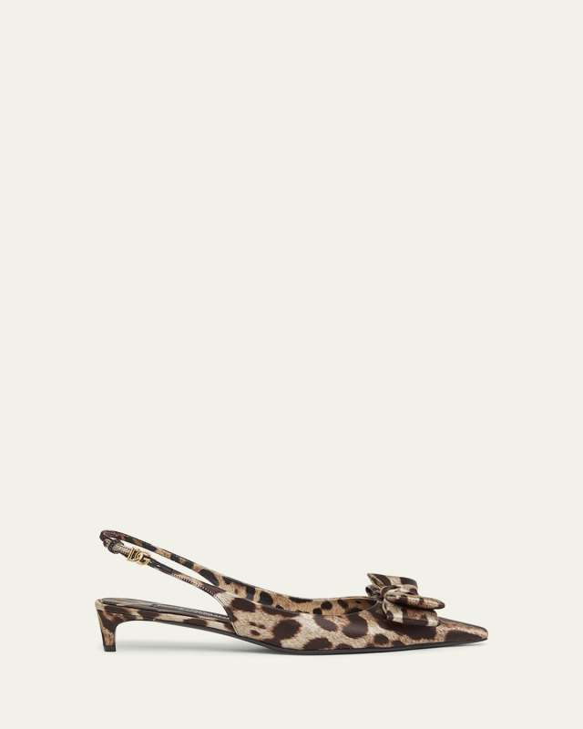 Leopard Satin Bow Slingback Pumps